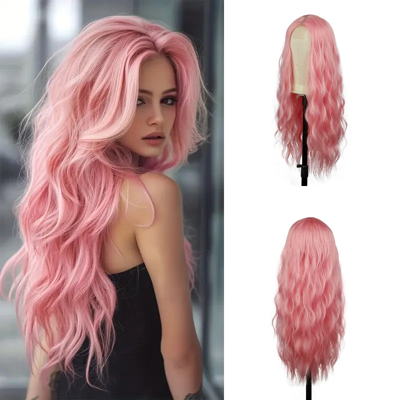 باروكة دانتيل وردية مع موجات جسم طويلة، باروكة صناعية مقاومة للحرارة وخالية من 28 بوصة للحفلات التنكرية النسائية، إلخ