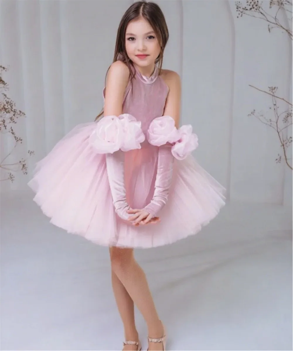 

Pink Puffy Flower Girl Dress For Wedding Velvet Sleeveless With Bow Princess Kids Birthday Party First Communion Ball Gown