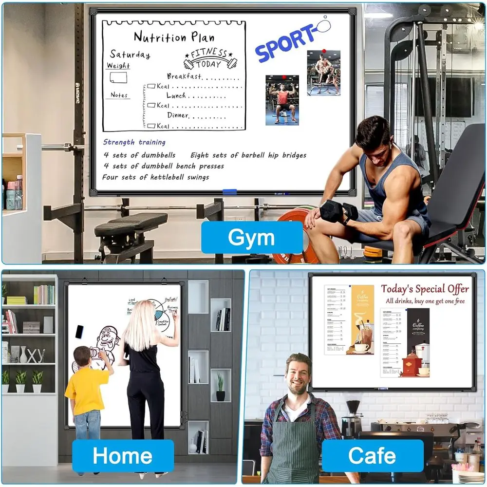 سبورة بيضاء مثبتة على الحائط مقاس 30 × 48 مع سطح مغناطيسي للمسح الجاف، وإطار من الألومنيوم الأسود للمنزل والمكتب والفصول الدراسية