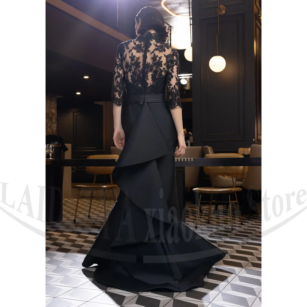 Elegante renda vestidos de noite moda apliques sereia vestidos de festa gola alta meia mangas até o chão vestidos de baile femininos