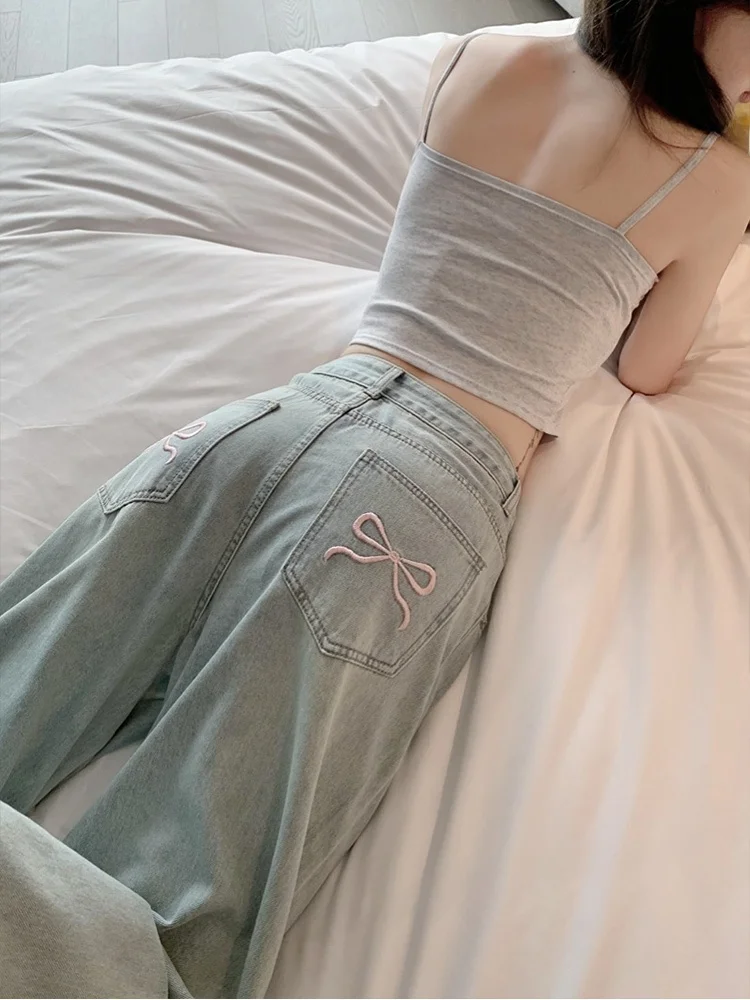 

High Waist Thin Embroidered Denim Jeans Women's Autumn Floor-Length Pants Knot Design Slimming Wide Leg Trousers