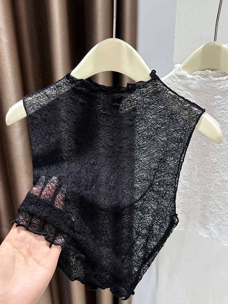 エレガントな花柄レースハーフハイカラーフェイクカラーベースシャツ女性の秋のインナーウェアノースリーブタンクトップメッシュ上衣