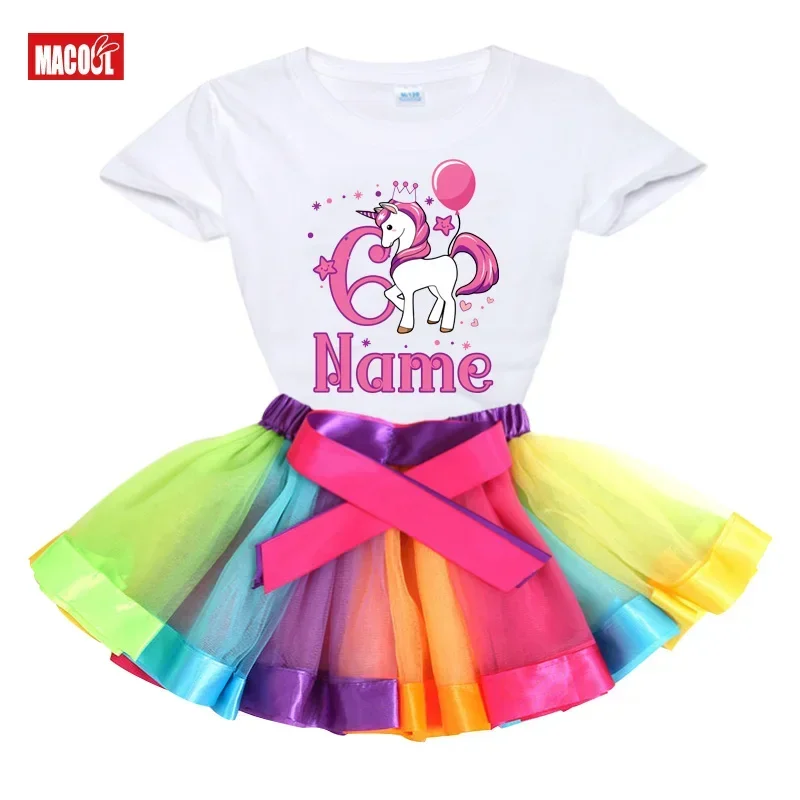 Children Clothing Sets for Baby Girls Summer Fashion Rainbow Multicolor Tops Kid Clothes Girl Princess Birthday Sets Number 0-9