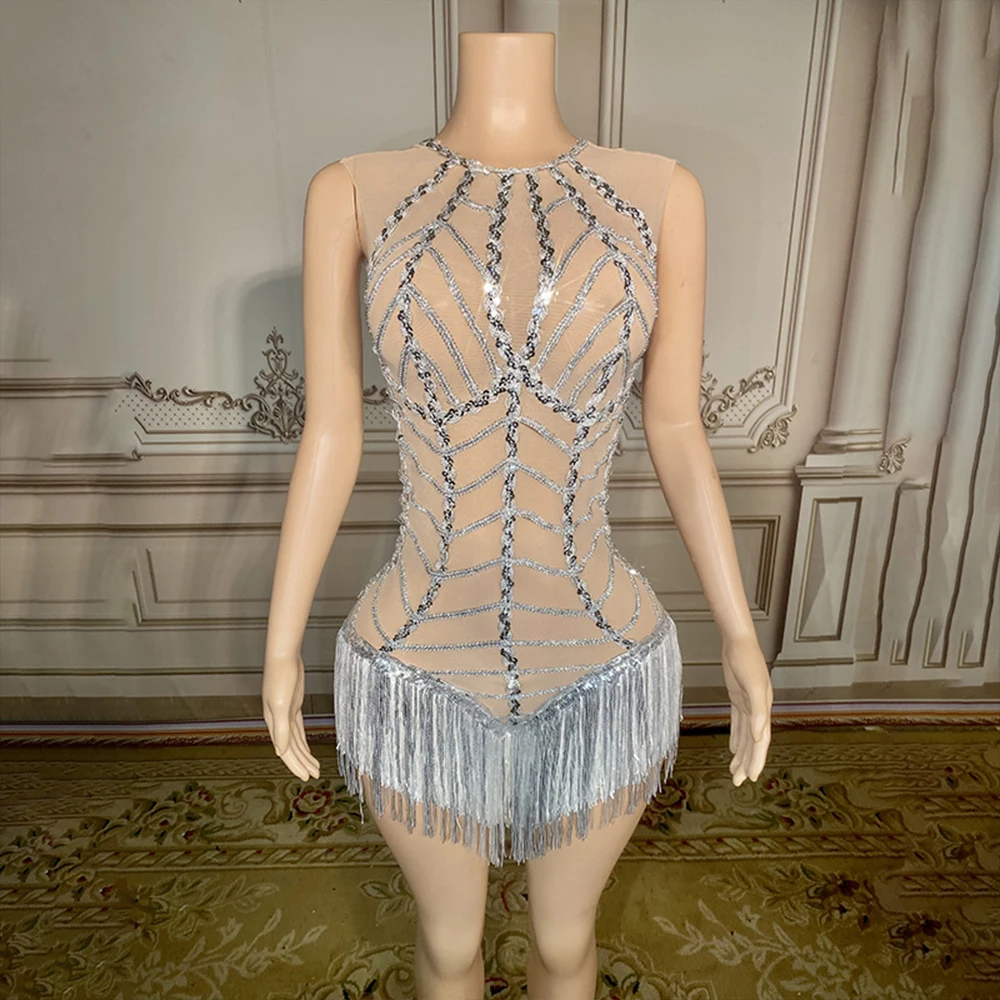 

Customized New Tassels Mesh lace Transparent High Elastic Short Sleeve Sequins Sexy Tight Party Dress Stage Performance Dress