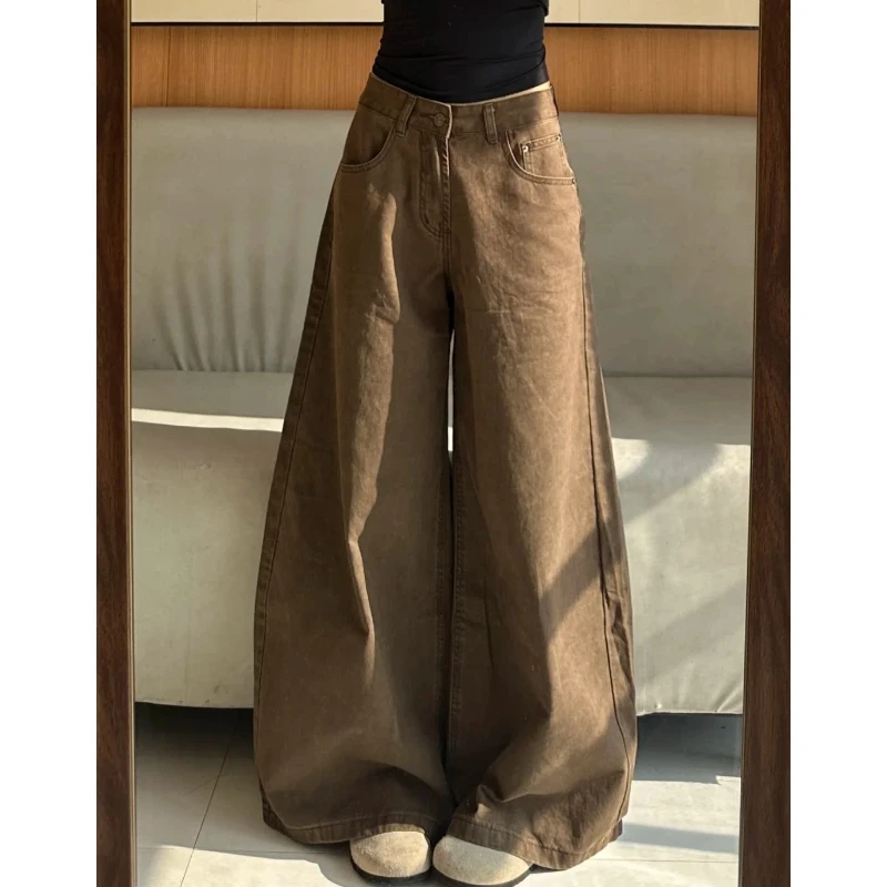 Melad Brown Coffee Wide Leg Jeans for Women Autumn New Style Versatile High Waist Loose Casual Floor Pants