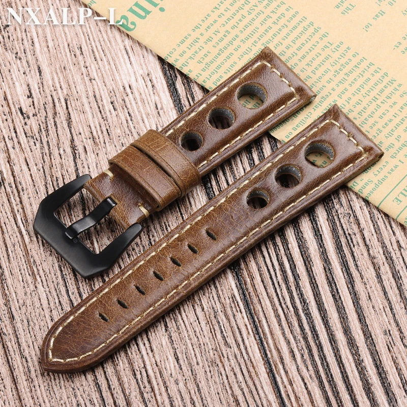 Vintage Oil Wax Cowhide Watch Strap Brown 20mm 22mm 24mm Breathable Genuine Leather Watchbands Pin Buckle Band Unisex Watchband