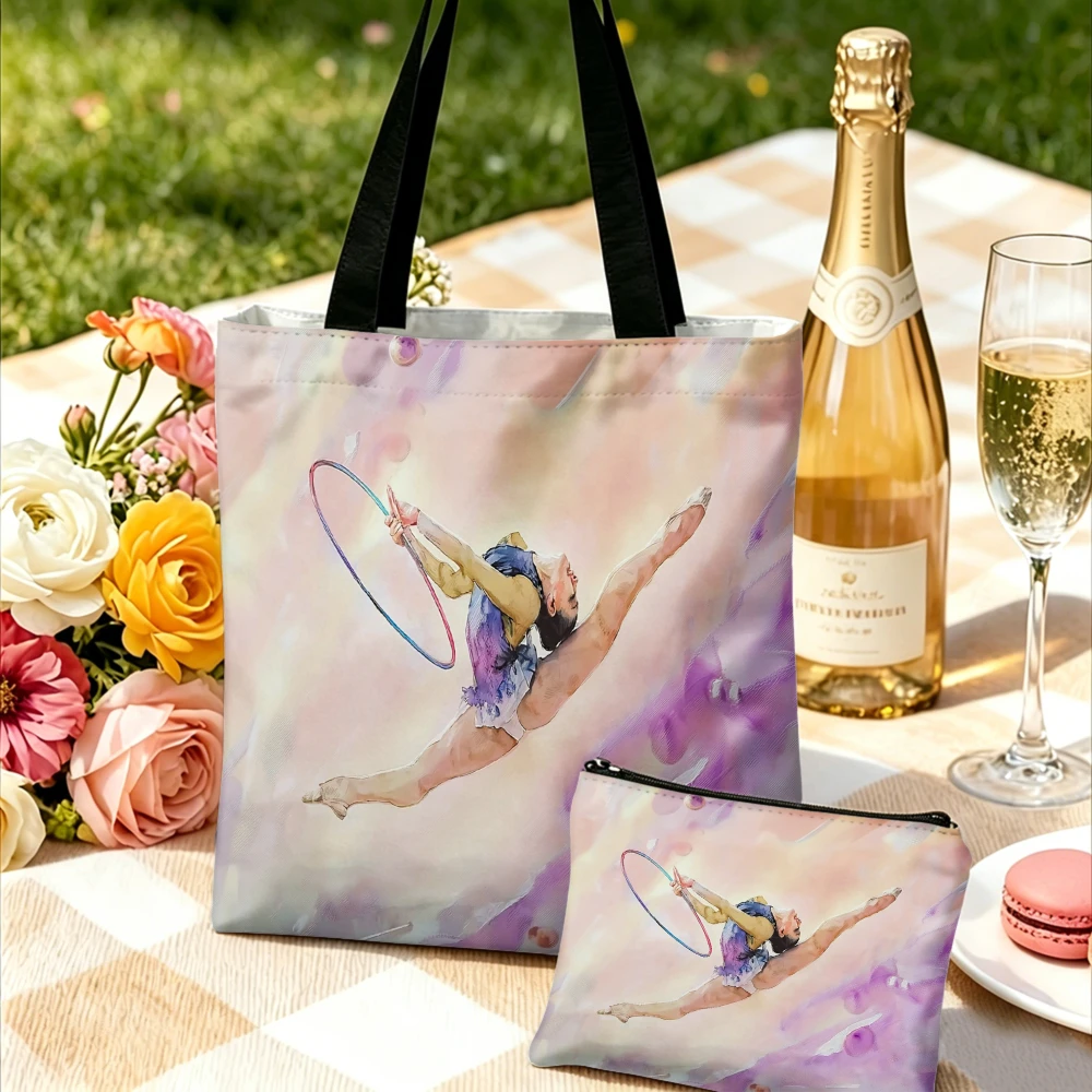 Cartoon Watercolor Gymnastics Handbag Travel Portable Tote Bags And Makeup Bag Combination Cosmetics Storage Pouch Party Gift