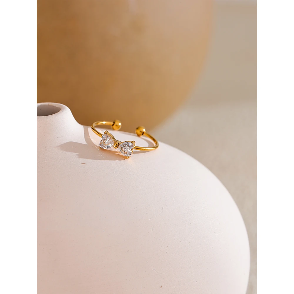 Yhpup Delicate Shiny Cubic Zirconia Bowknot Bow Open Finger Ring Stainless Steel Sweet Daily Trendy Jewelry Accessories