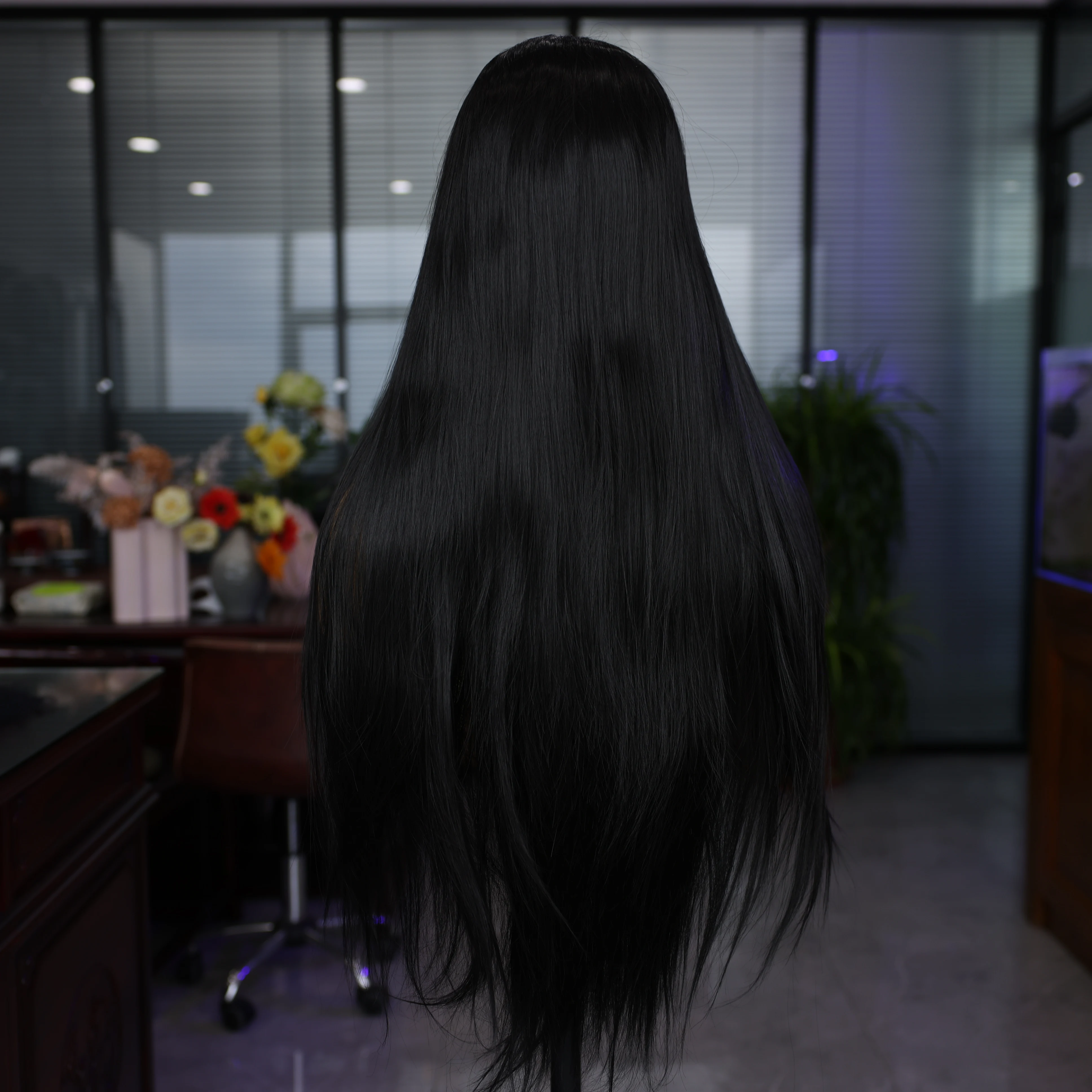 Black Synthetic Wig With Bangs High Quality Wigs Long Straight Hair For Cosplay Party Natural Black Wig 180 Density Smooth