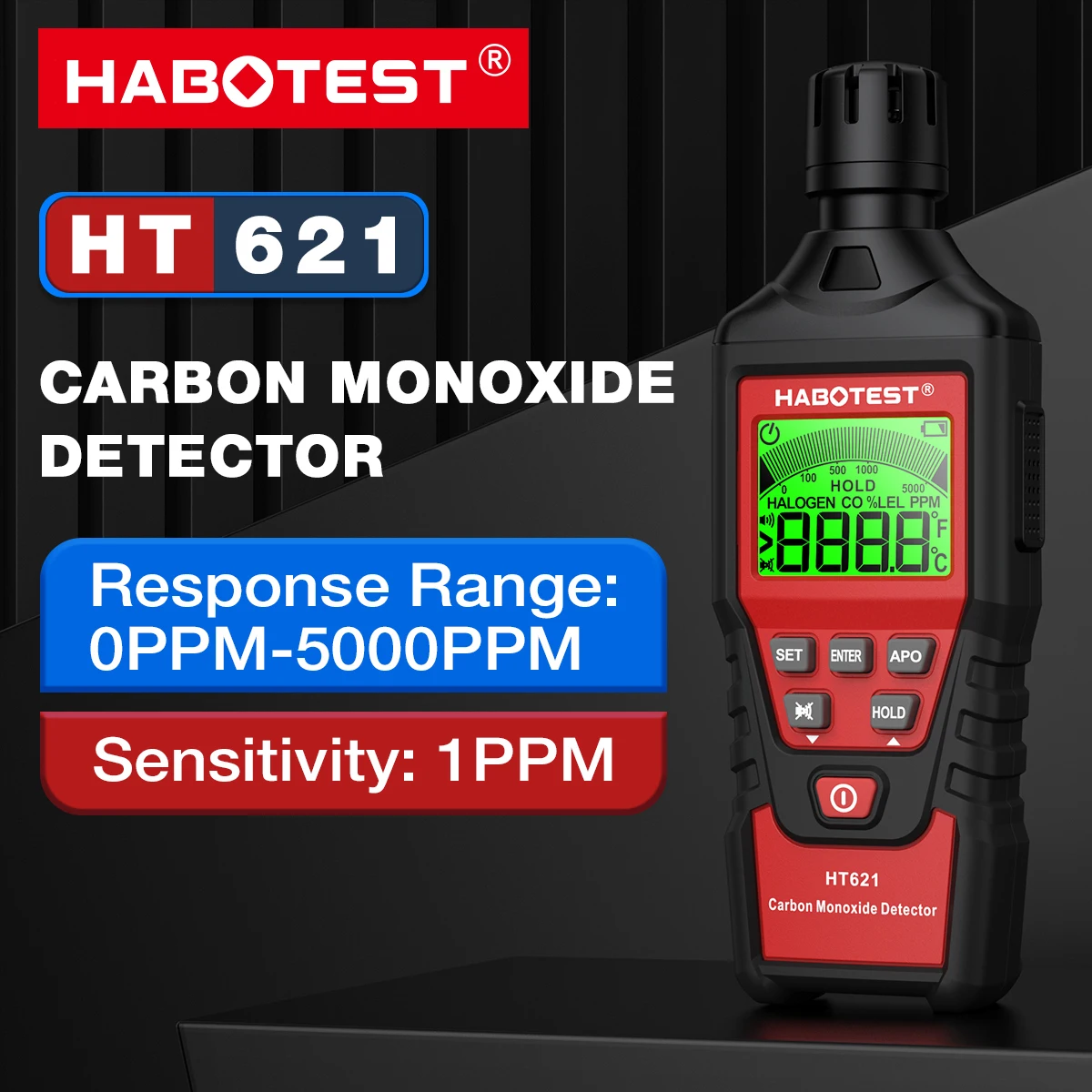 HT621 Carbon Monoxide Detector 0~5000ppm Professional High Precision CO Gas Tester Adjustable Alarm Value with LCD Backlight