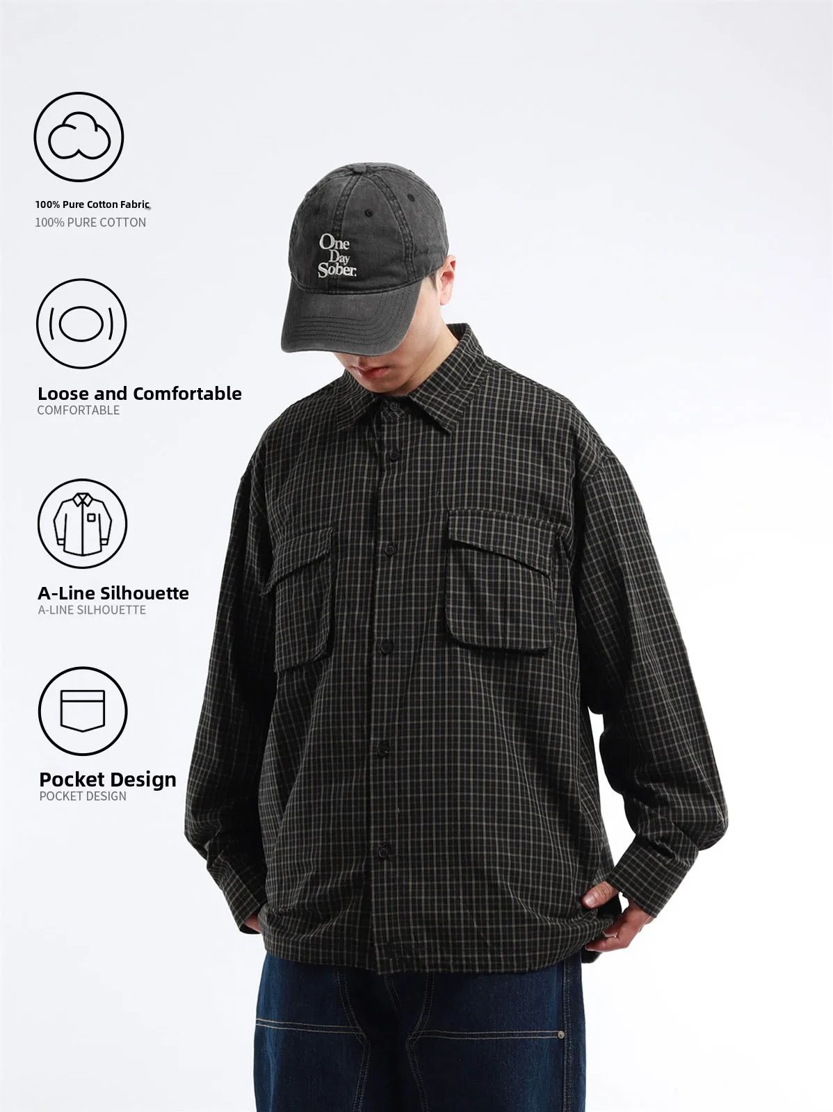 Spring New Arrival Men's Shirt Thin Cotton Plaid Design Pocket Detail Drawstring Hem Loose Fit Breathable Long Sleeve Casual