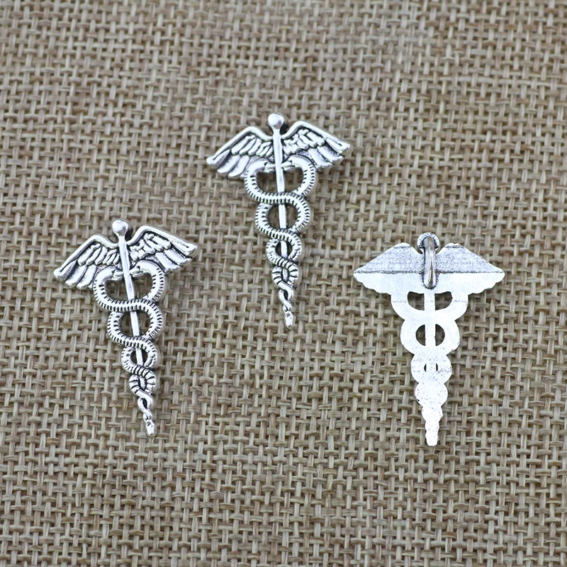 10 Pieces 30mm*20mm Antique Silver Plated Caduceus Medical Angel Snake Charms For Diy Jewelry Making