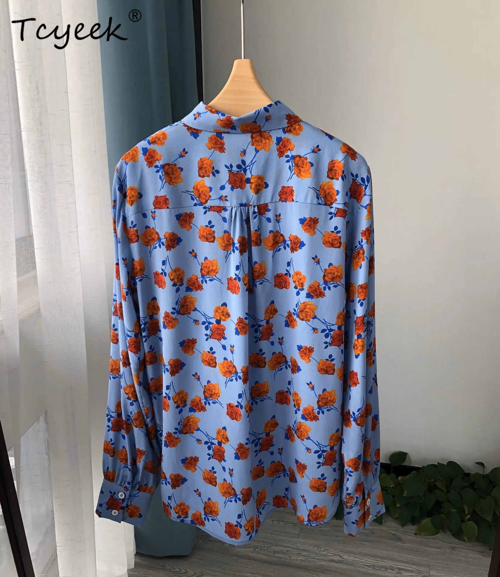 

Tcyeek 18MM 100% Mulberry Silk Shirts,Women's Sand Washed Floral Print Blouses,Floral Long Sleeves 2025 Summer AutumnT54508JF