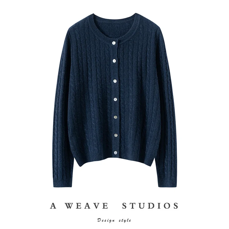 Sweter damski ze 100% kaszmiru, dekolt okrągły, wzór w warkocze, kardigan z dzianiny, prosty styl, wiosna, jesień, zima, miękka odzież dzianinowa z kaszmiru, miękkie topy.