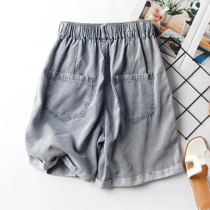 2023 Summer New Korea Fashion Women Elastic Waist Loose Cotton Denim Shorts All-matched Casual Wide Leg Hot Pants P145