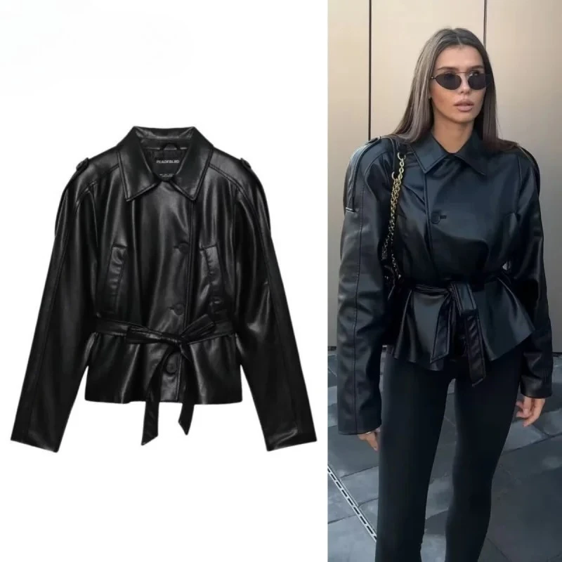 2026년 신상 여성 패션 벨트 인조 가죽 긴 소매 숏 트렌치코트 캐주얼 가죽 코트