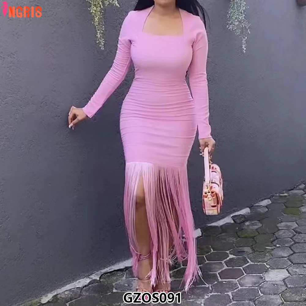 

Fashion Bandage Dresses for Women Elegant Tassel Trim Maxi Dress Sexy Dresses Women Night Club-GZOS091