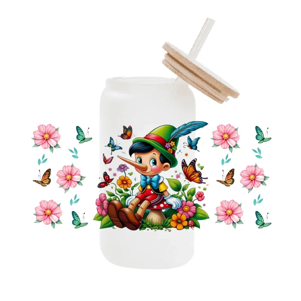 Pinocho Disney dibujos animados para Libbey 16oz lata de vidrio 3D impermeable UV DTF café puede envolver papel de vidrio Libbey