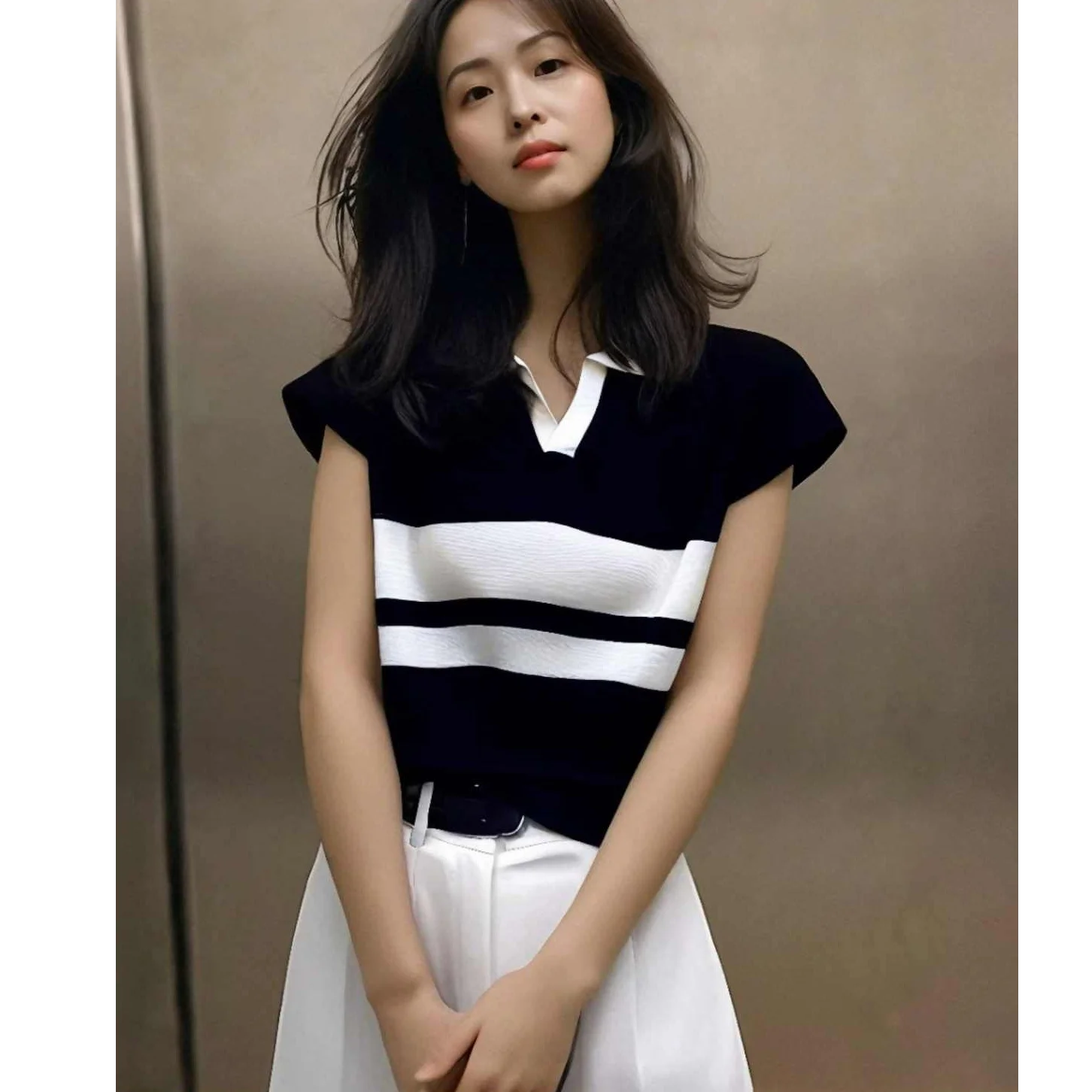 

Женский летний свитер в полоску с коротким рукавом, корейский модный джемпер с v-образным вырезом, повседневная рубашка в рубчик, свободный женский пуловер, одежда