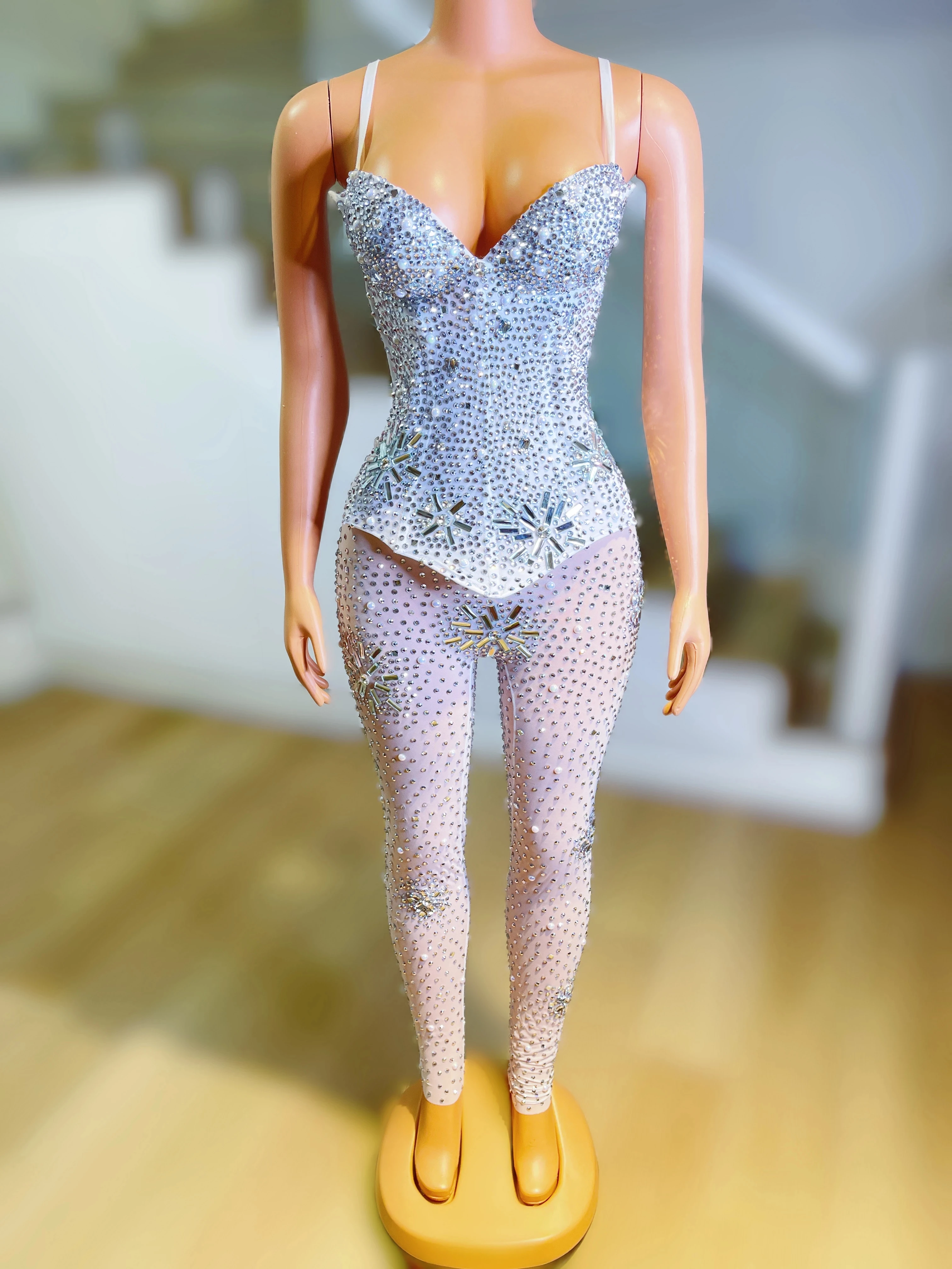 Club Singer Nightclub Dance Show Bodysuit Show Rhinestones Birthday Celebrate Outfit Mesh Luxury Party See Through Jumpsuit