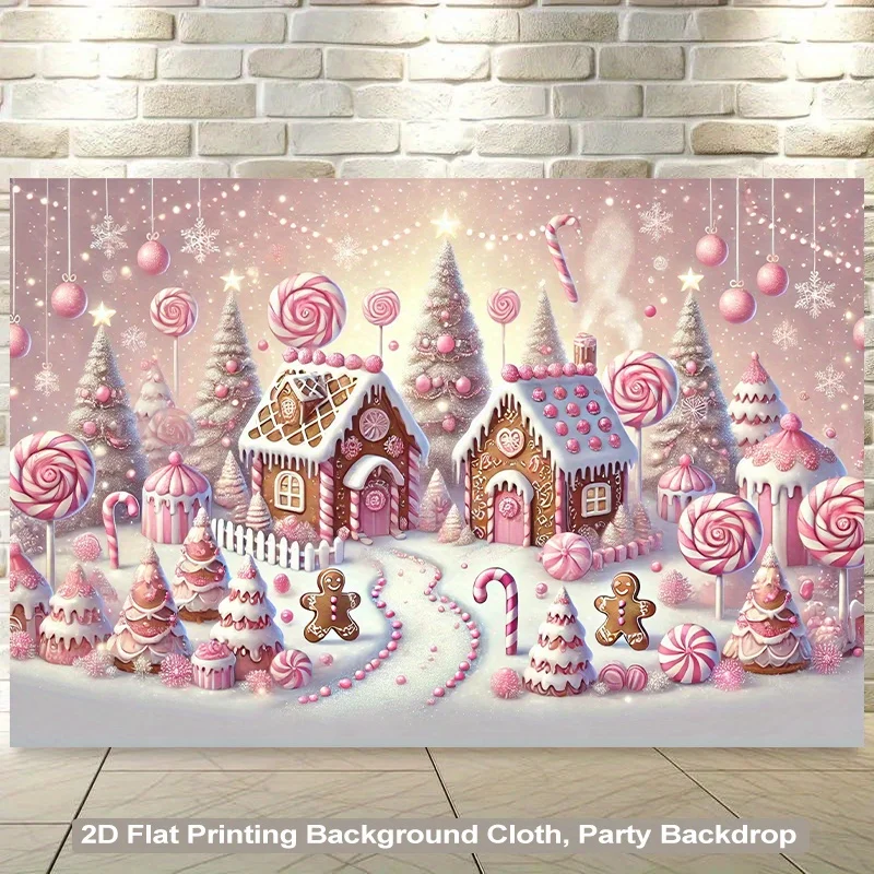 2D flaches Süßigkeitenhaus für eine Person, Weihnachts-Hintergrundbanner – pastellrosa und weißes Lebkuchenhaus, Süßigkeitenstäbchen, Lutscher