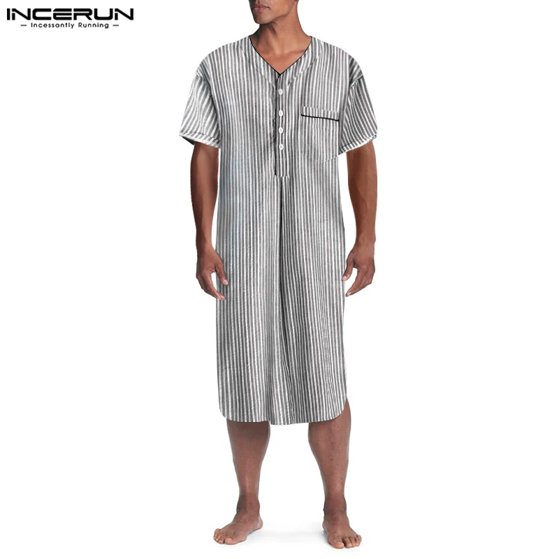 INCERUN Men Striped Sleep Robes Nightgown Short Sleeve V Neck Cotton Homewear 2020 Breathable Men Dressing Gown Cozy Bathrobes