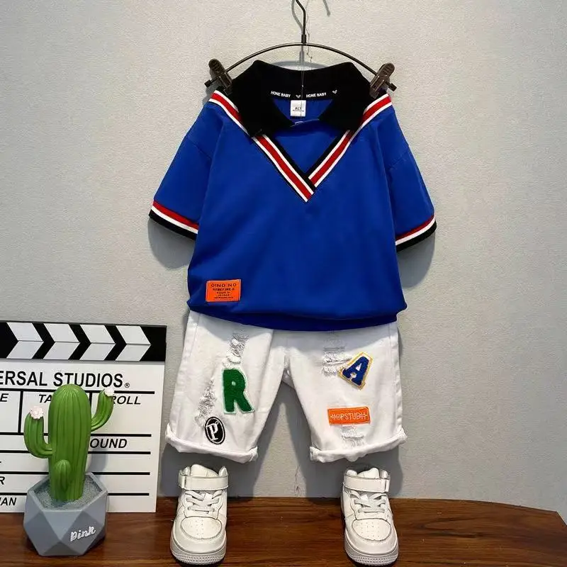 

Boys' Summer Set 2025 New Fashionable Splicing T-shirt Children's Internet Celebrity Handsome Two Piece Set Kids Outfits