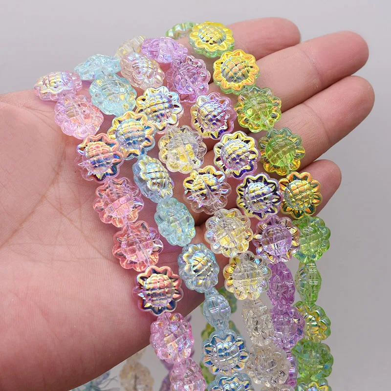 15mm 20pcs/bag Mix Color Plating AB Color Pink Purple Sunflower Shape Glass Beads Loose Space Beads For Jewelry Making DIY