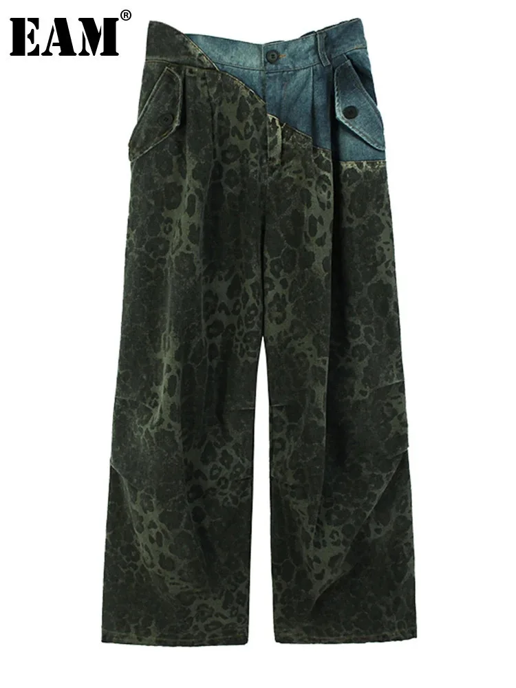 [EAM] High Elastic Waist Green Leopard Print Denim Long Wide Leg Pants New Trousers Women Fashion Spring Autumn 2024 1DH6193