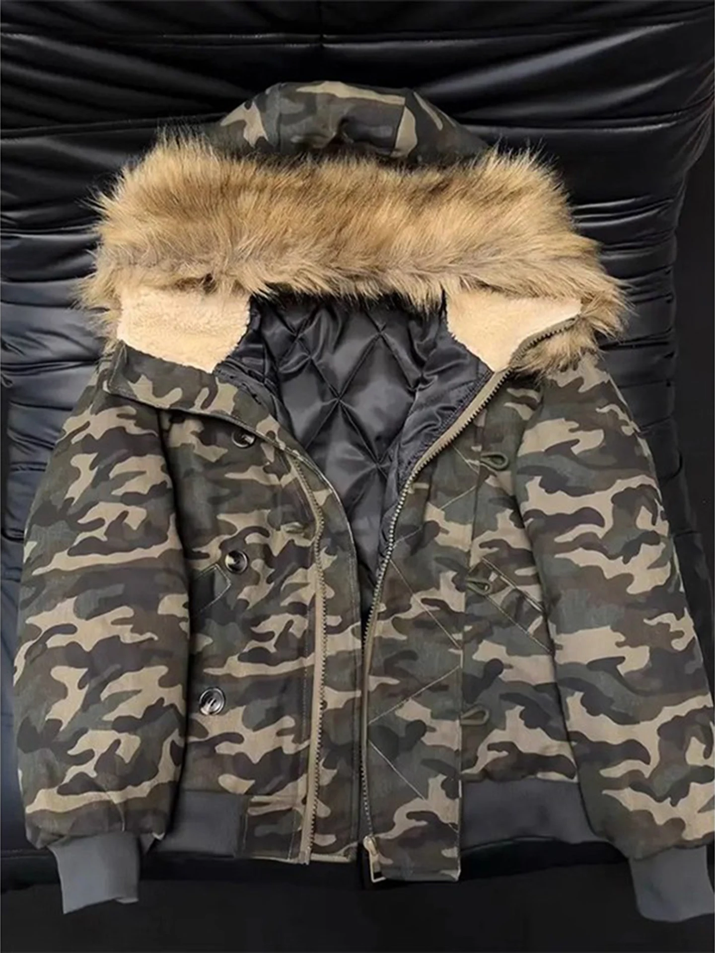 

Мужское зимнее пальто из американского камуфляжа Thiened Cotton Jaet с большим меховым воротником, брендовая молодежная модная рабочая одежда Zhangyuan