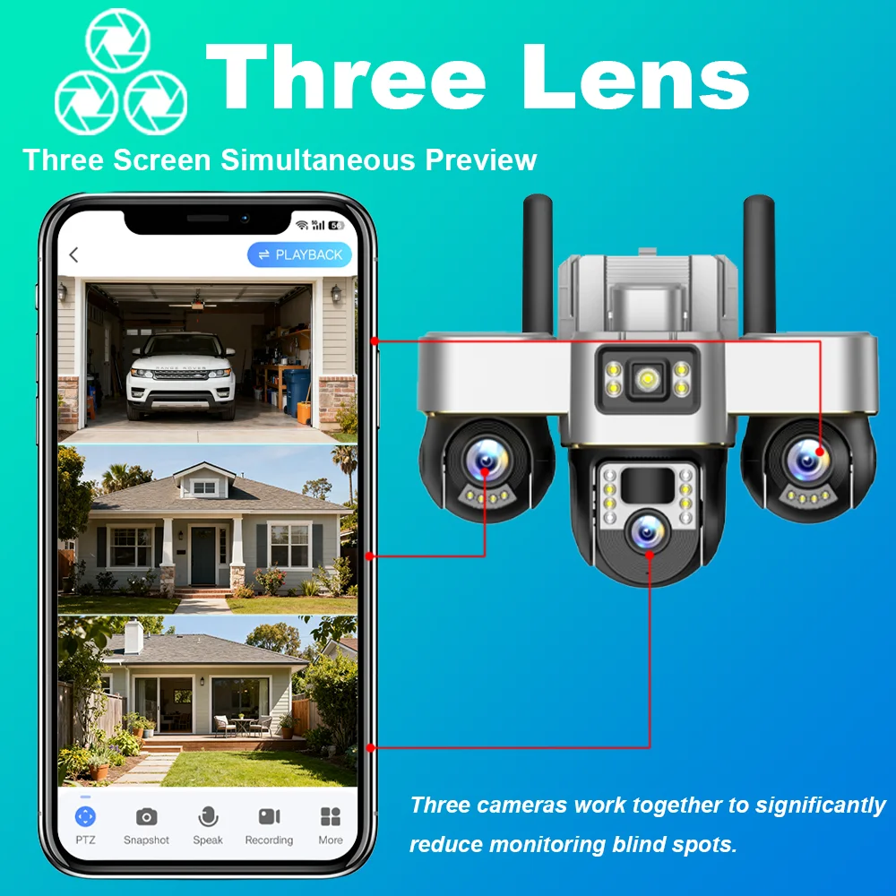 Kamera solarna 4G LTE 15MP HD z potrójnym obiektywem, zewnętrzna, wodoodporna, IP CCTV, z detekcją ruchu PIR, funkcją PTZ i kolorowym trybem nocnym.