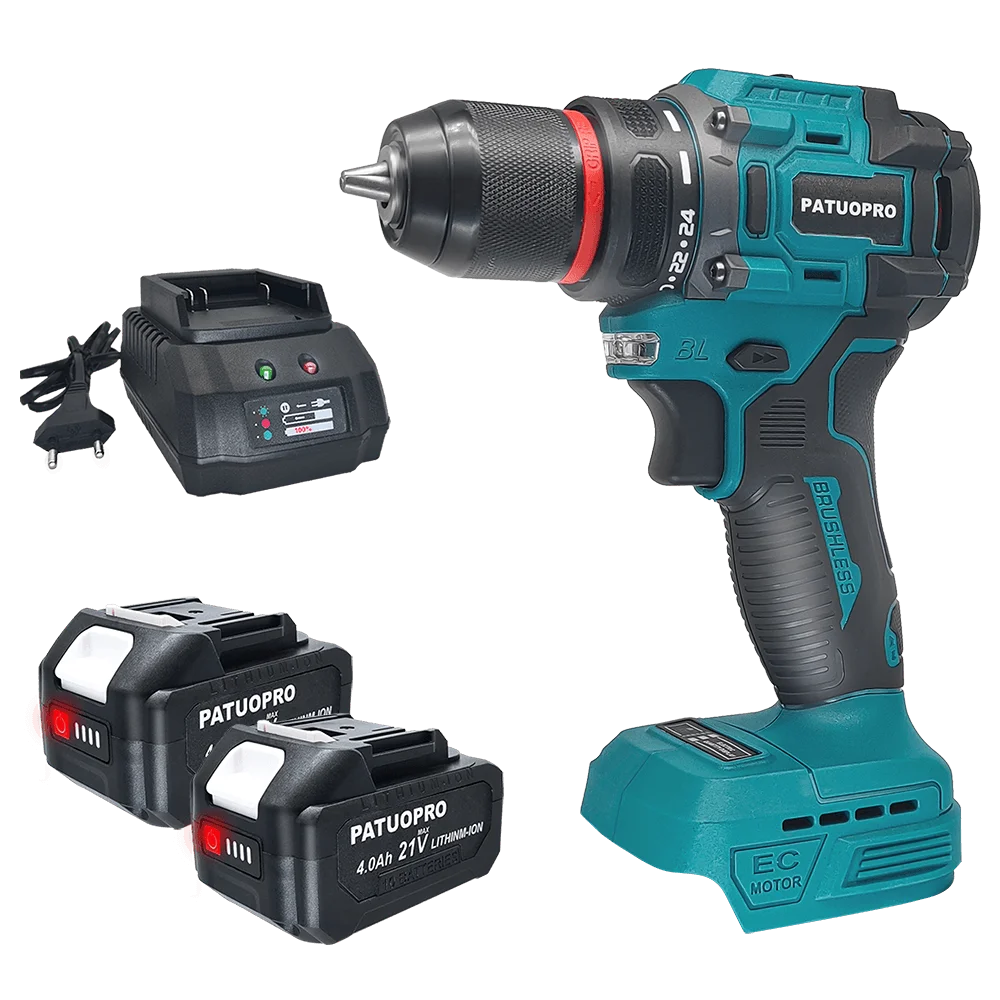 Бесщеточная электрическая дрель PATUOPRO 10 мм, 2-скоростная аккумуляторная дрель-шуруповерт, 21 настройка крутящего момента, электроинструмент для аккумулятора Makita 18 В