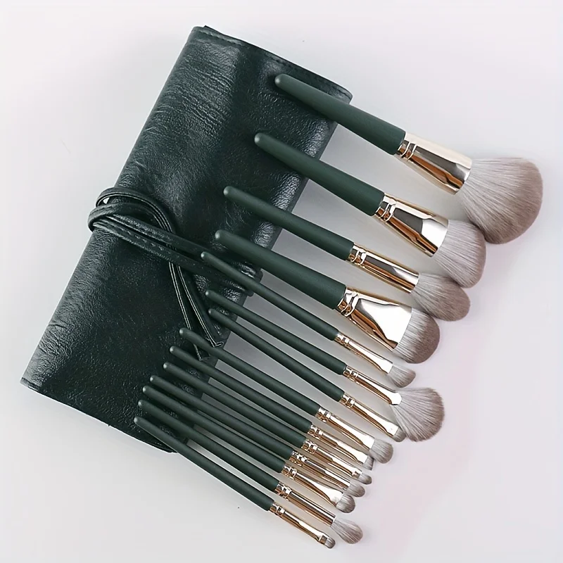 Elegant 14-piece green makeup brush set - soft, professional brushes for perfect foundation, contouring and blending