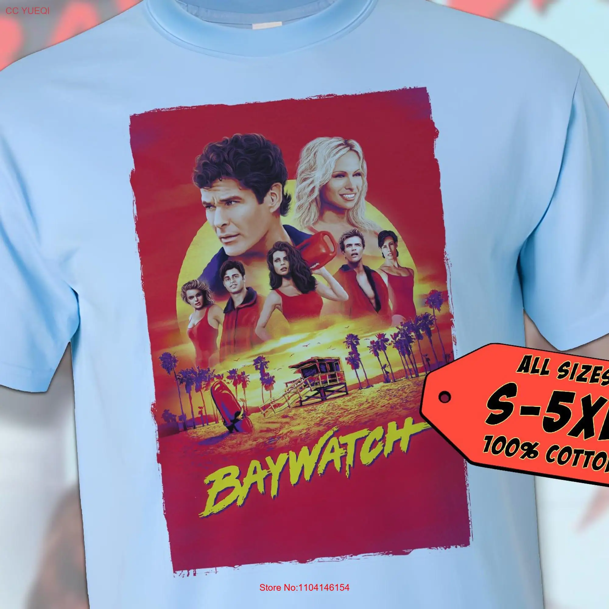 Bay Watch V2 T Shirt movie poster print Sky Blue Color 100 cotton all sizes S to 5XL long or short sleeves