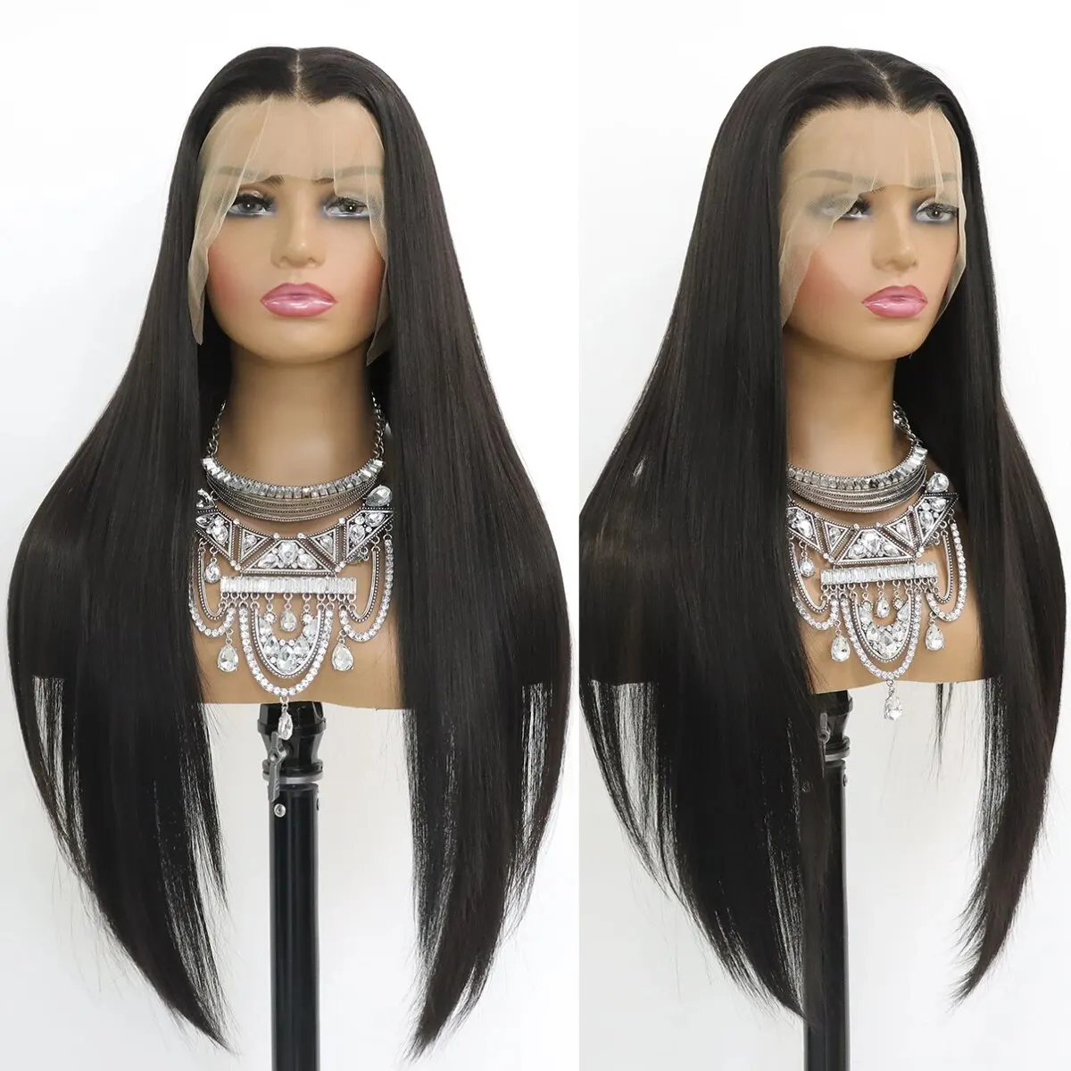 Long Straight Black Lace Front Wig Natural Black Pre Plucked Synthetic HD Lace Front Wig For Women Glueless Heat Resistant Fiber