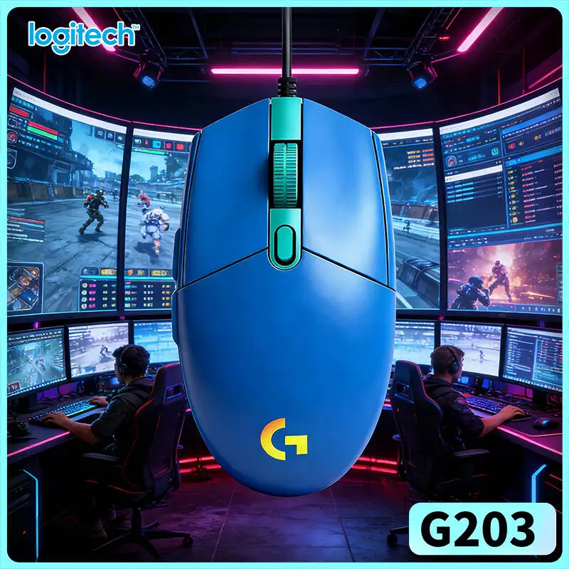 Logitech G203 wired gaming mouse consistent cursor travelling performance bright RGB glow anti‑slip feet USB pc gaming