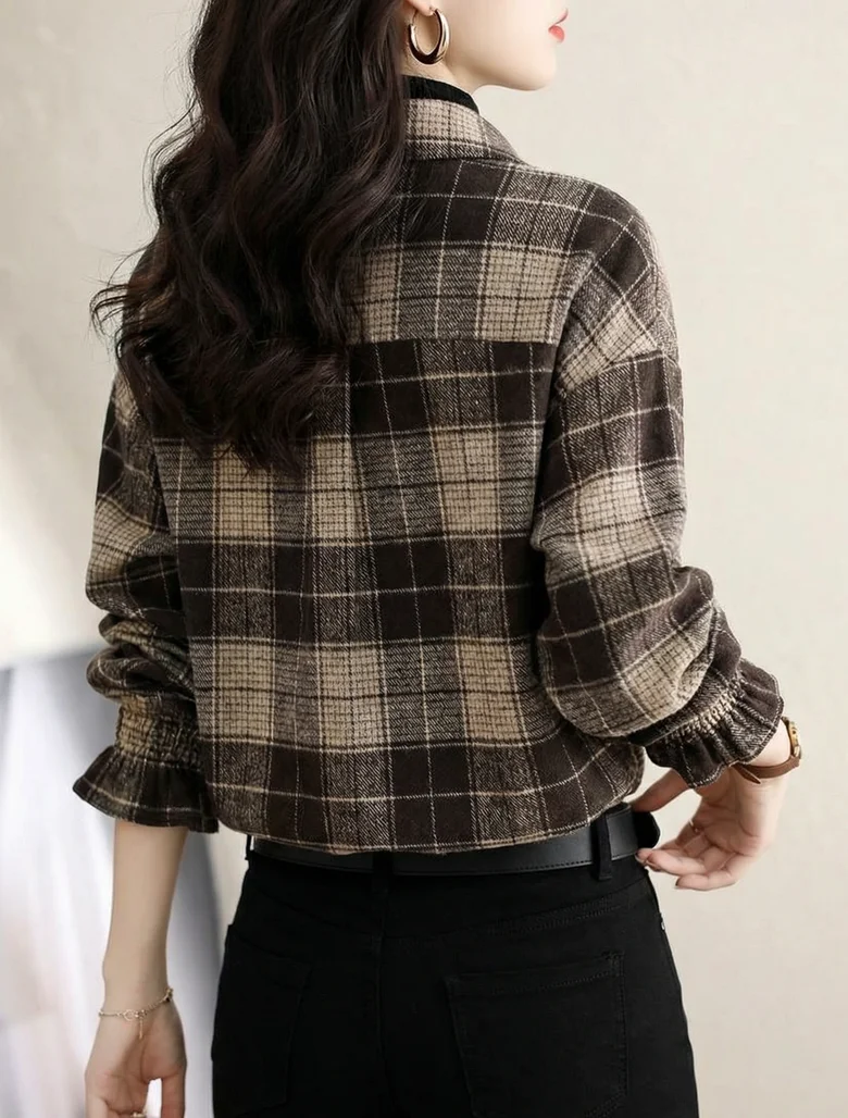 Street Style Women Summer Lapel Plaid Pattern Cuff Hem Loose Button Front Blouse