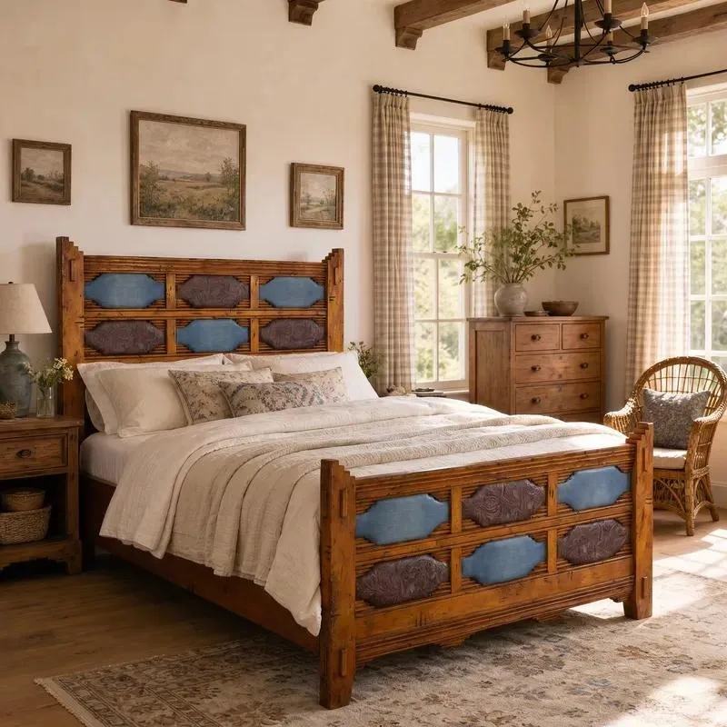 American vintage solid wood bed frame, blue fabric and embossed leather panels, faux old finish, high headboard