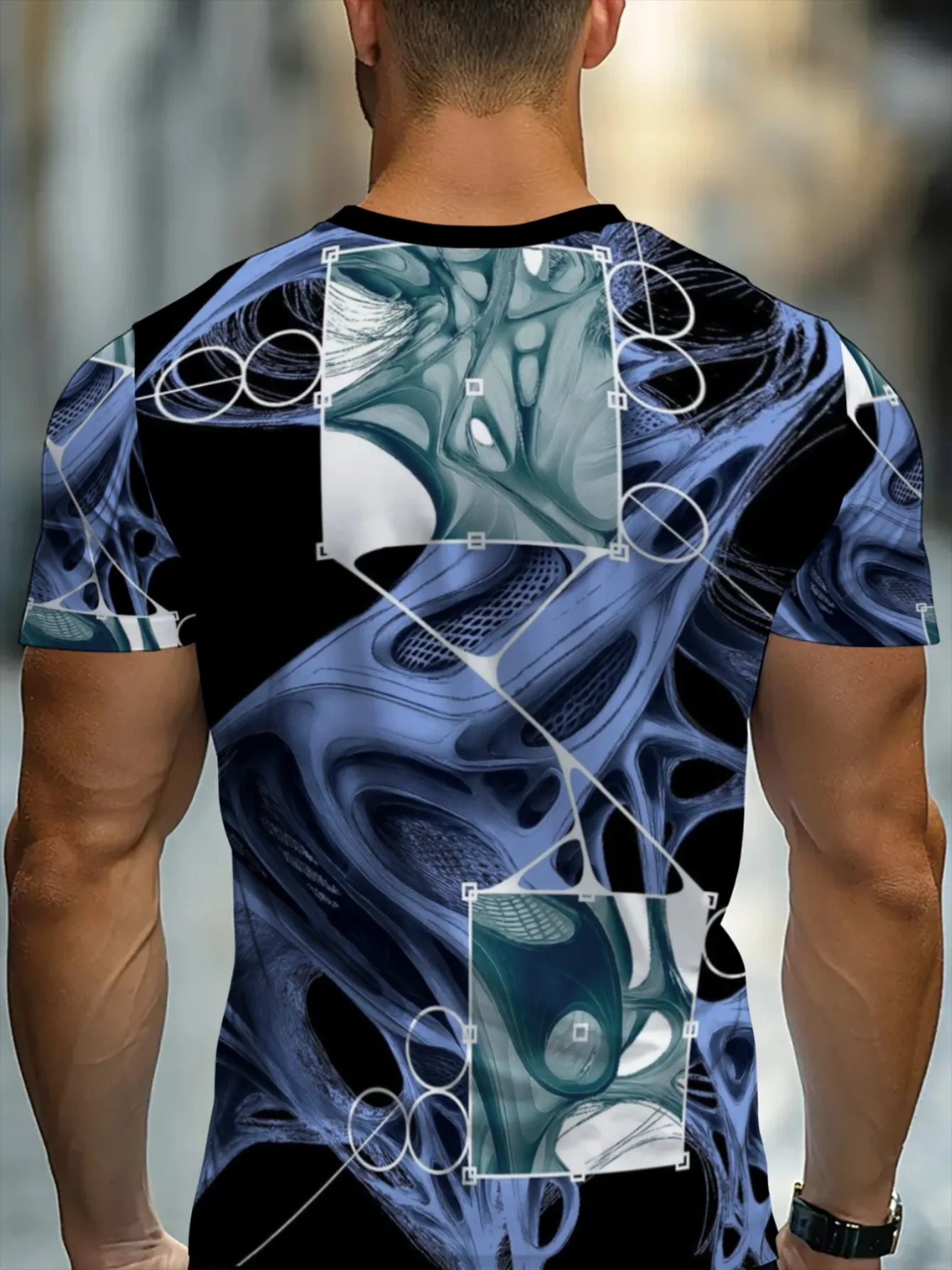 Men 3D Print Tee Black Blue Liquid Swirl Abstract Geometric Frame Circle Graphic O Neck Short Sleeve Summer Streetwear