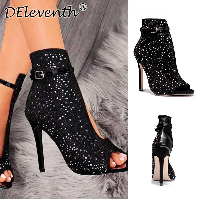 صنادل نسائية أوروبية وأمريكية جديدة على شكل فم السمكة وحجر الراين وكعب رفيع مجوف وكعب عالٍ للغاية وأحذية رائعة