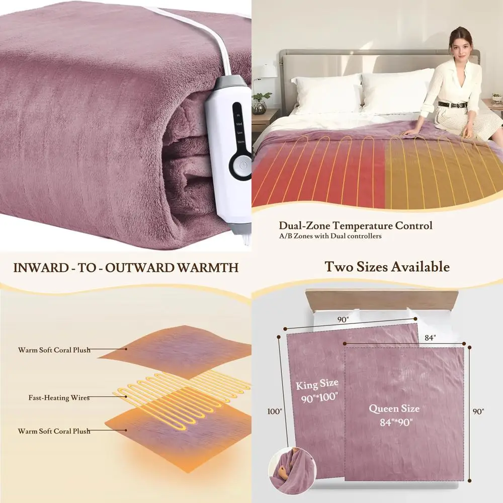 

Queen Size Electric Blanket 84x90, 4 Heat Levels, Dual Controls, 10H Timer, Soft Coral Fleece, Overheat Safeguard, Dark Pink