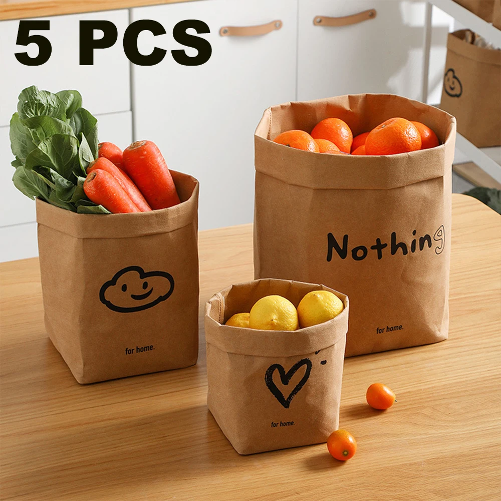 

1-5PCS Kitchen Storage Bags Washable Kraft Paper Plant Flowers Pots Reusable Durable Food Makeup Storage Bags Home Accessories