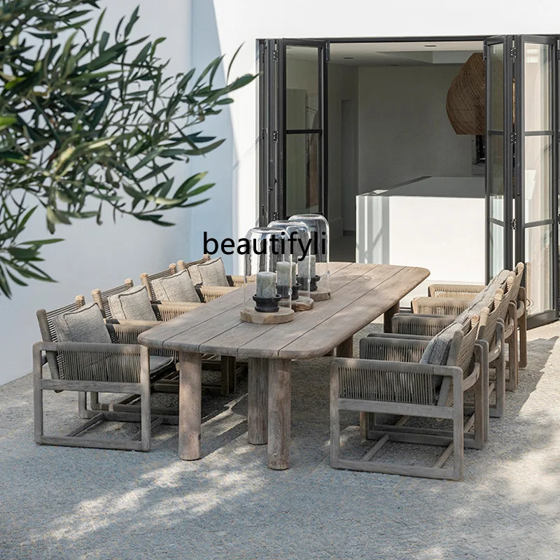 Outdoor Desk-Chair Courtyard Villa Yard Myanmar Teak Long Table B & B Outdoor Garden Terrace Leisure Solid Wood Large Table