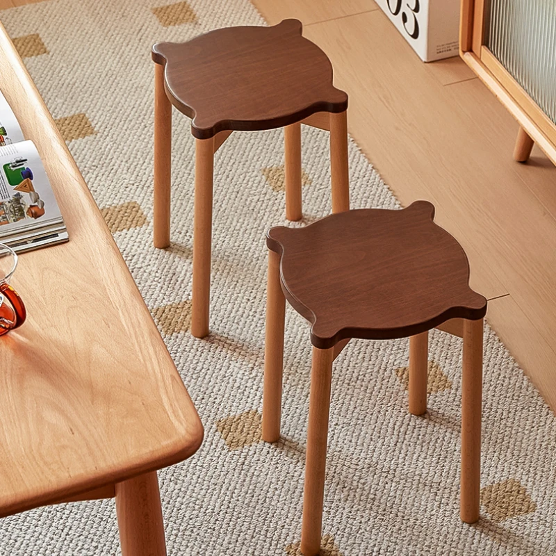 

Beech Wood Round Stool Stackable Dining Seat Stable Living Room Cat-Ear Stool Crack-Resistant Simple Makeup Bench