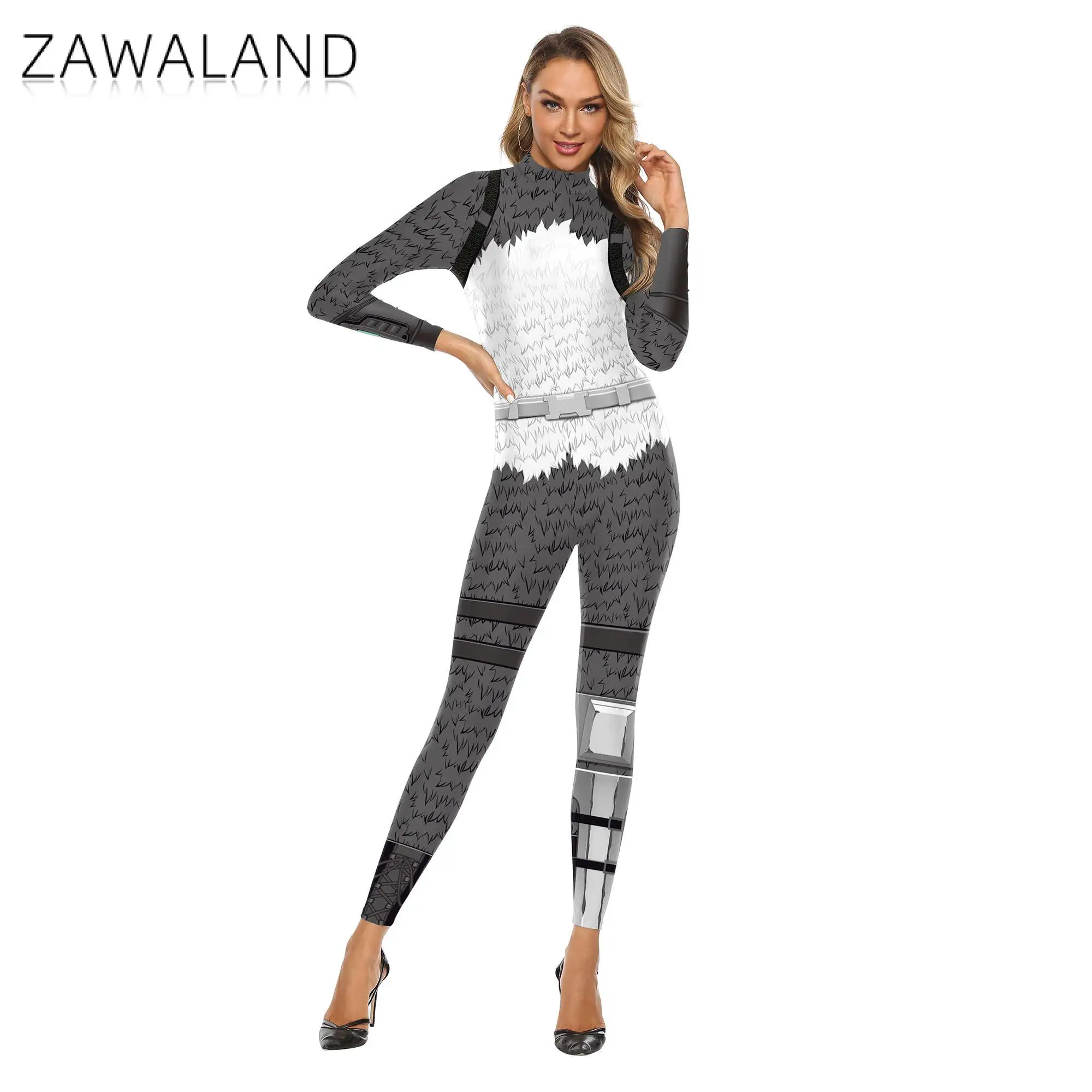 Zawaland Zentai Cosplay Costume Halloween Fasion Festival Printing Catsuit Bodysuits Women Elastic Long Sleeve Jumpsuits