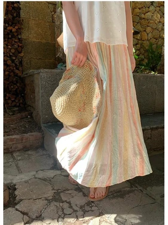 

Rainbow Stripe Pleated A-Line Midi Skirt Women's Summer Vintage Checkered Brand Tailored Casual Print Girl's Loose Fit Chines...