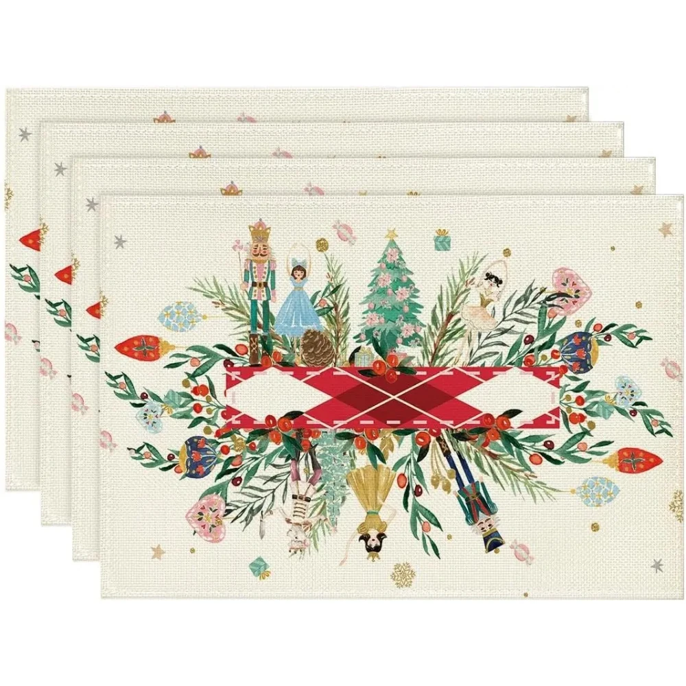 Merry Christmas Nutcracker Floral Holly Placemats Holiday Party Decor Winter Xmas Kitchen Dining Table Mats Christmas Decoration
