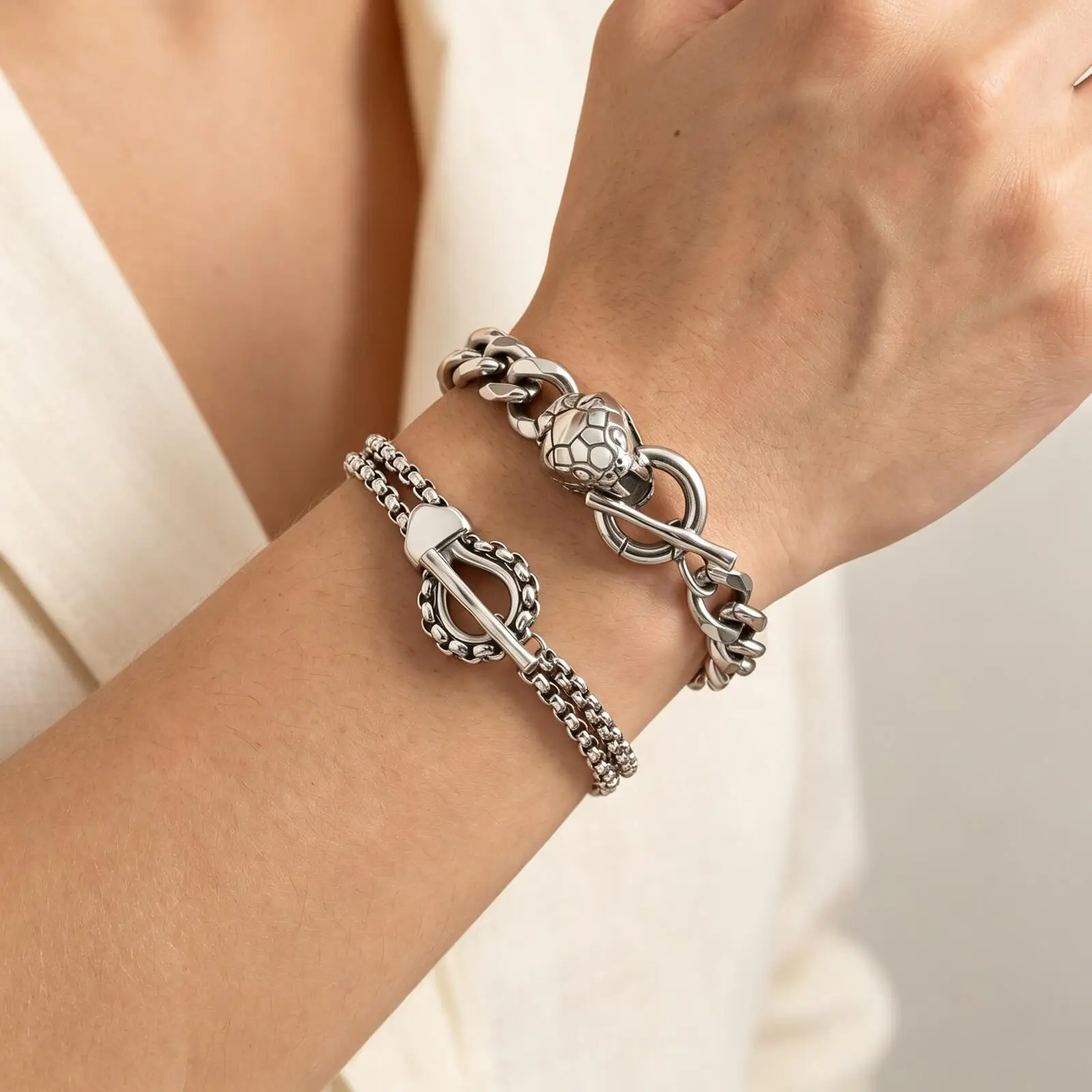 Punk Cuban Chain Bracelet For Women Men, Stainless Steel Silver Color Snake Head OT Buckle Link, Hip Hop Jewelry Gift
