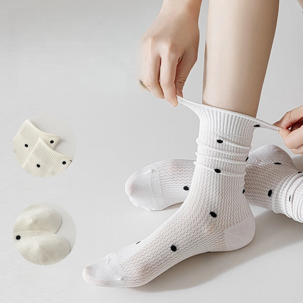 6 Pair Women's Loose-Fitting Boneless Seam-Free Fashionable Cotton Socks High-Quality Polka Dot Curled Hem Trendy Casual Socks