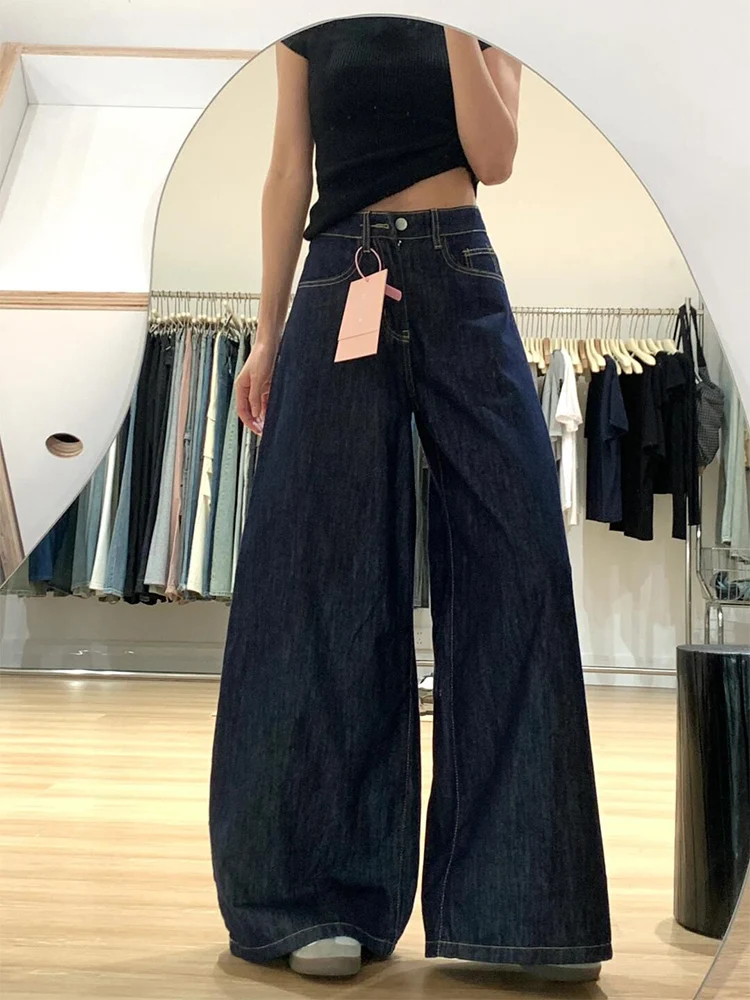 ارتفاع الخصر واسعة الساق الدنيم السراويل النسائية الخريف السراويل الطويلة فضفاضة Dra الطابق طول اللون العميق حجم كبير بناطيل كاجوال #1